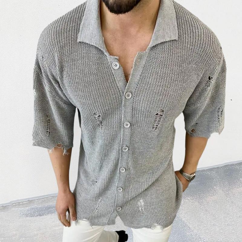 Mens Casual Summer Lapel Short Sleeve Hollow Slim Button Knit Sweater 86794447M