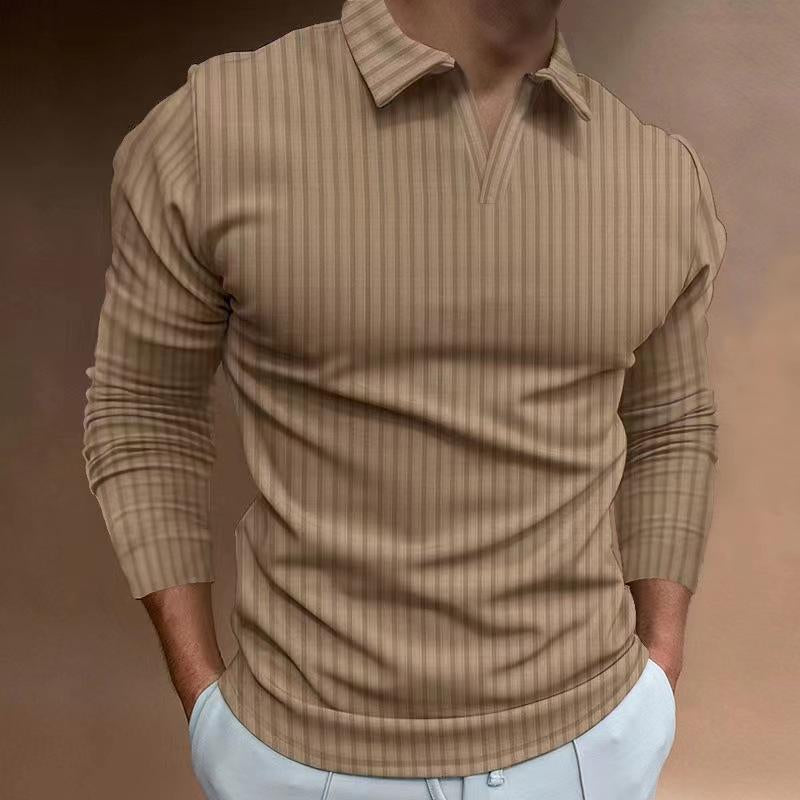 Mens Casual Solid Color Striped V-Neck Long Sleeve POLO Shirt 93502950Y