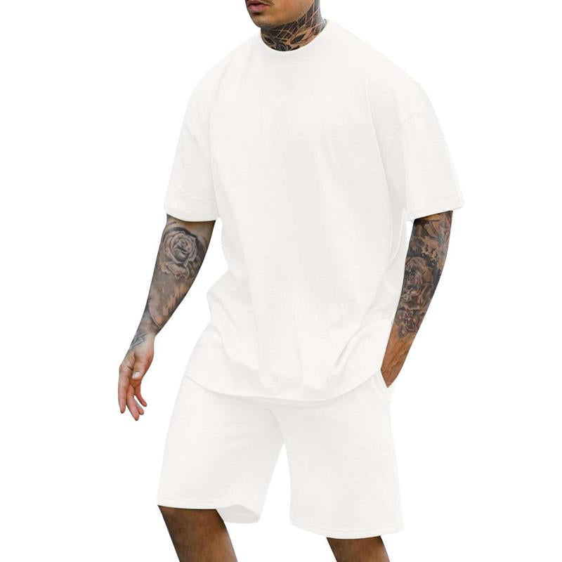 Mens Solid Color Round Neck Short Sleeve Shorts Two-Piece Set 30633508X