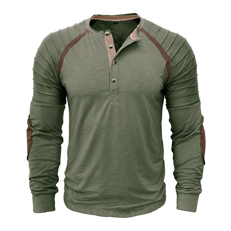 Mens Casual Outdoor Pleated Stitching Long Sleeve Henley T-Shirt 70318322M