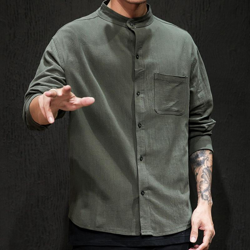 Mens Casual Solid Color Cotton Linen Stand Collar Loose Long Sleeve Shirt 31690452M