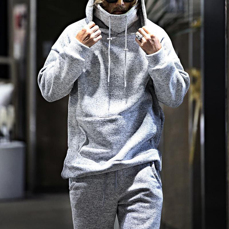 Mens Fleece Thickened Loose Personality Casual Sports Hoodie Trousers Set 02047089Z