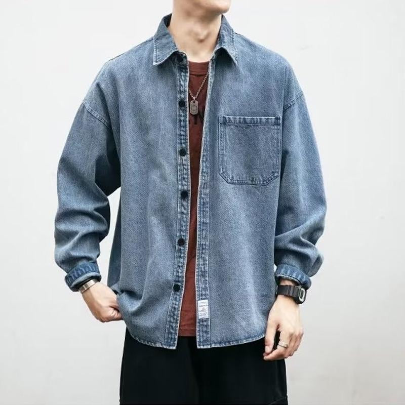 Mens Vintage Wash Cargo Denim Long Sleeve Shirt 29652890Y