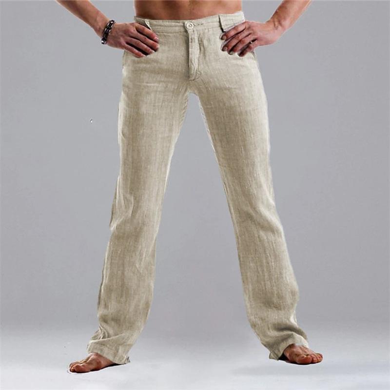 Mens Linen Pocket Straight Solid Color Loose Pants 49899241X