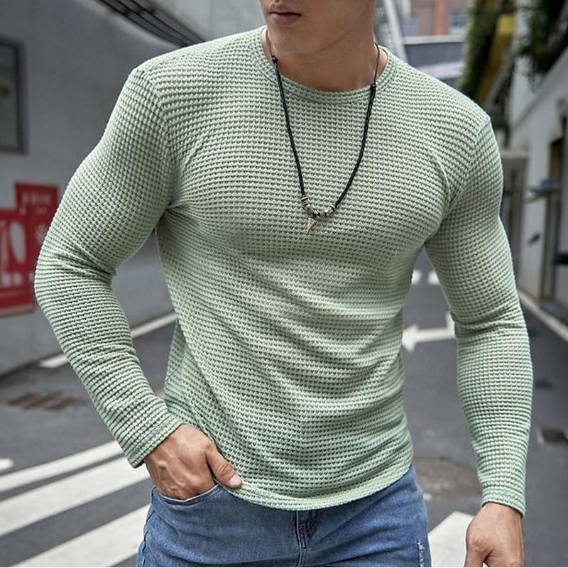 Mens Casual Solid Color Waffle Round Neck Long Sleeve T-Shirt 42281908Y