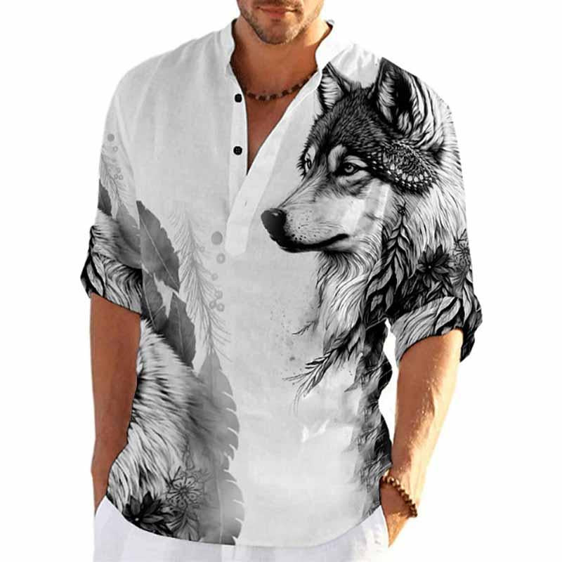 Mens Printed Beach Vacation Long Sleeve Stand Collar Shirt 82790184X