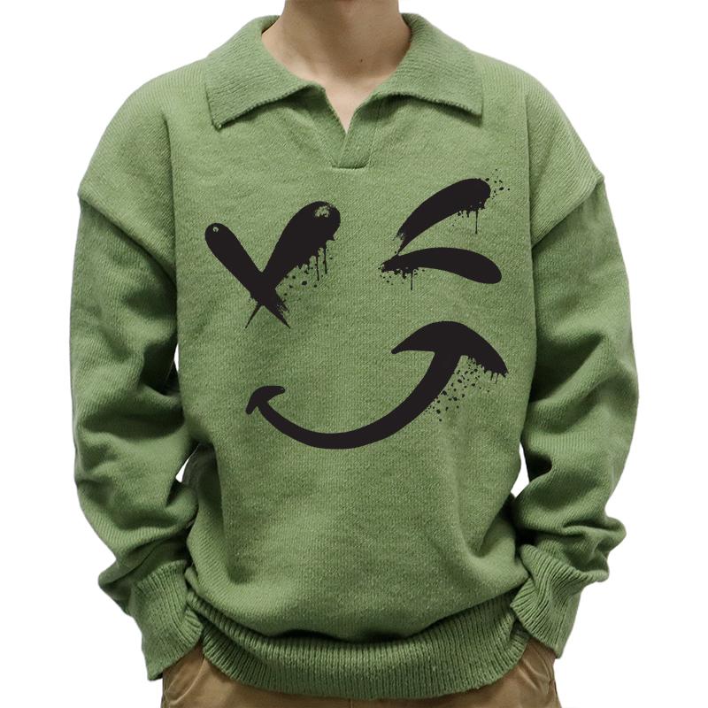 Mens Casual Polo Collar Smiley Print Long Sleeve Pullover Sweater 76317825M