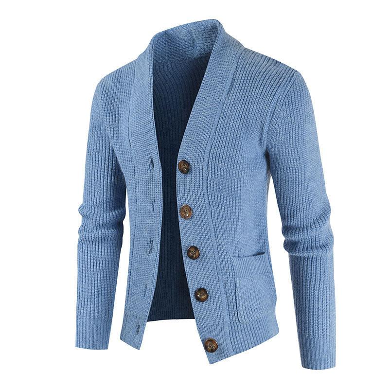 Mens Casual Solid Color Lapel Single-Breasted Long-Sleeved Slim-Fit Knitted Cardigan 24342613M