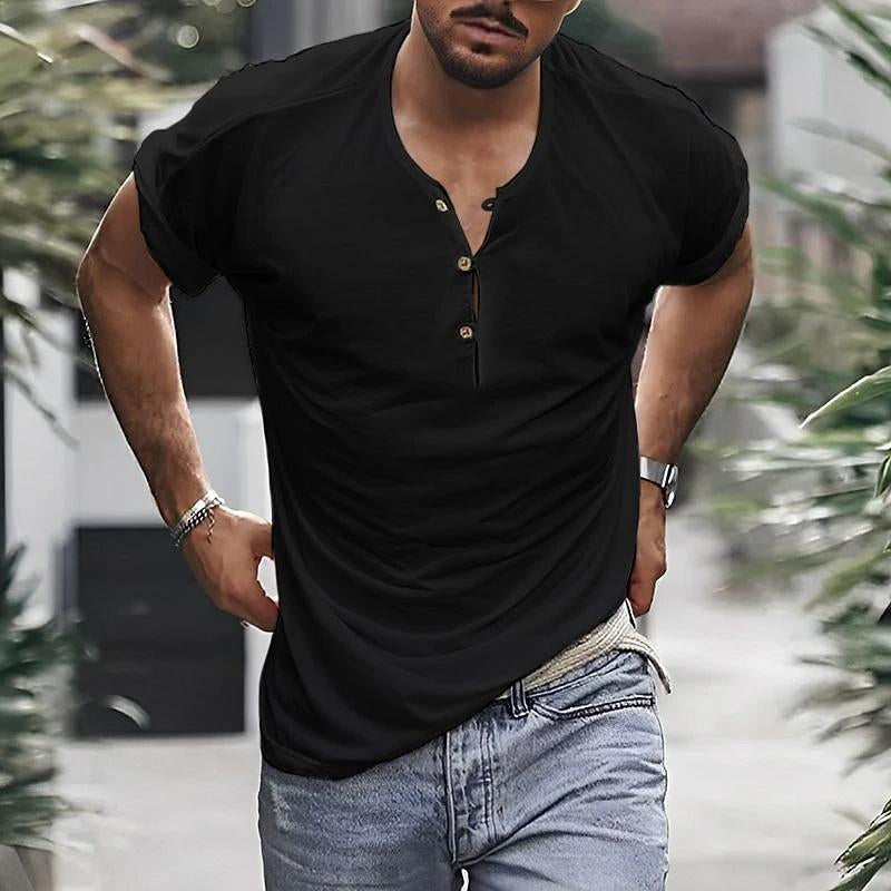 Mens Casual Solid Color Henley Collar Short Sleeve T-Shirt 75511123Y