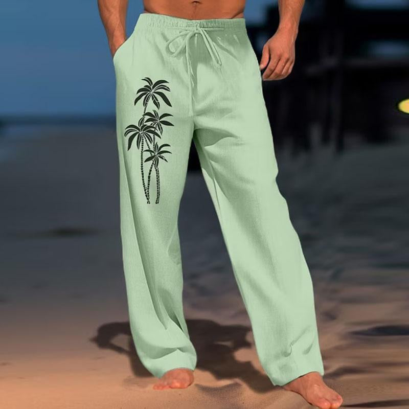 Mens Casual Solid Color Coconut Printed Beach Straight Leg Pants 98073205Y