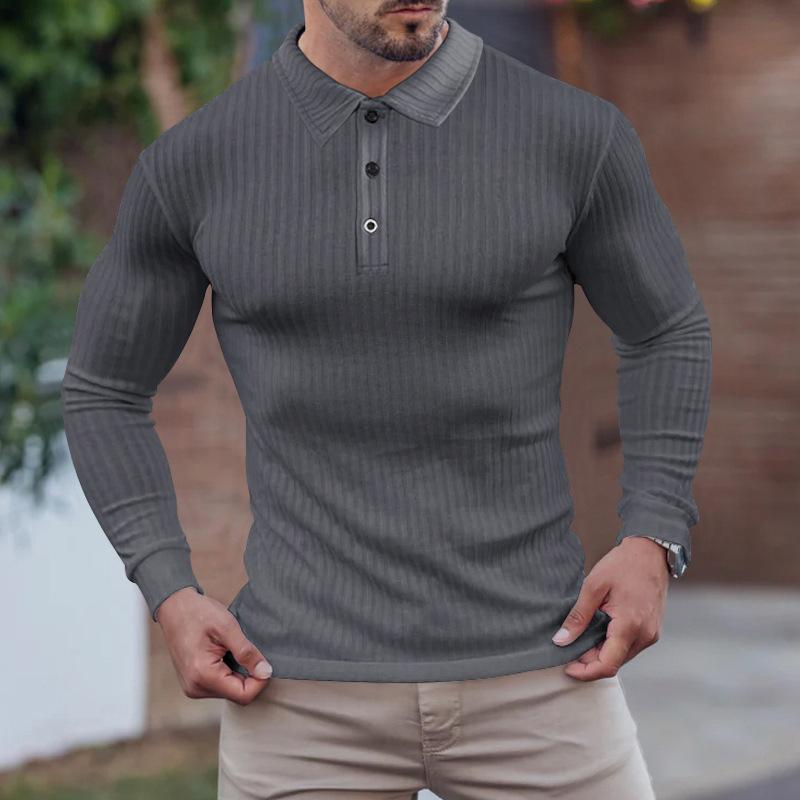 Mens Casual Solid Color Pitted Loose Lapel Long Sleeve Polo Shirt 89479959M