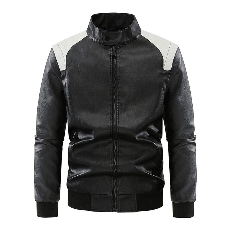 Mens Stylish Contrast Stand Collar Zipper Leather Jacket 79800222M