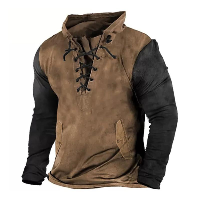 Mens Vintage Lace-Up Color Block Loose Pullover Hoodie 50350592M