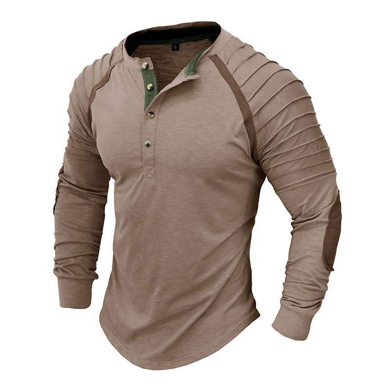 Mens Casual Outdoor Pleated Stitching Long Sleeve Henley T-Shirt 70318322M