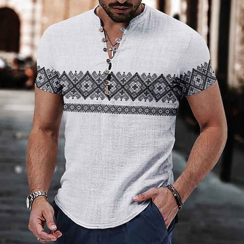 Mens Vintage Ethnic Print Short Sleeve Shirt 84880542Y