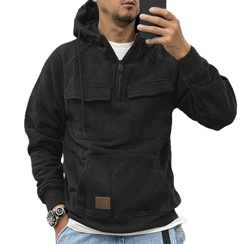 Mens Casual Solid Color Multi-pocket Loose Sports Hoodie 20659449M