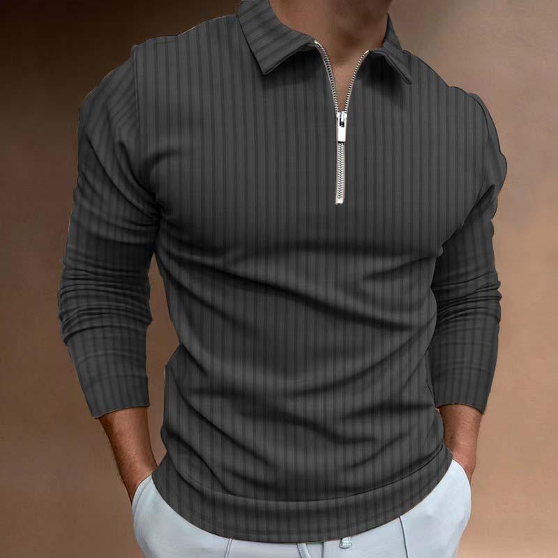 Mens Casual Striped Lapel Long Sleeve Zipper Polo Shirt 19330625M