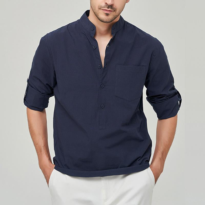 Mens Casual Solid Color Breast Pocket Henley Collar Long Sleeve Shirt 80324521Y