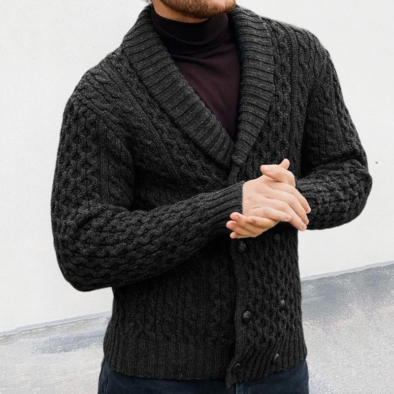 Mens Solid Lapel Double Breasted Cable  Knit Cardigan 17421212Z