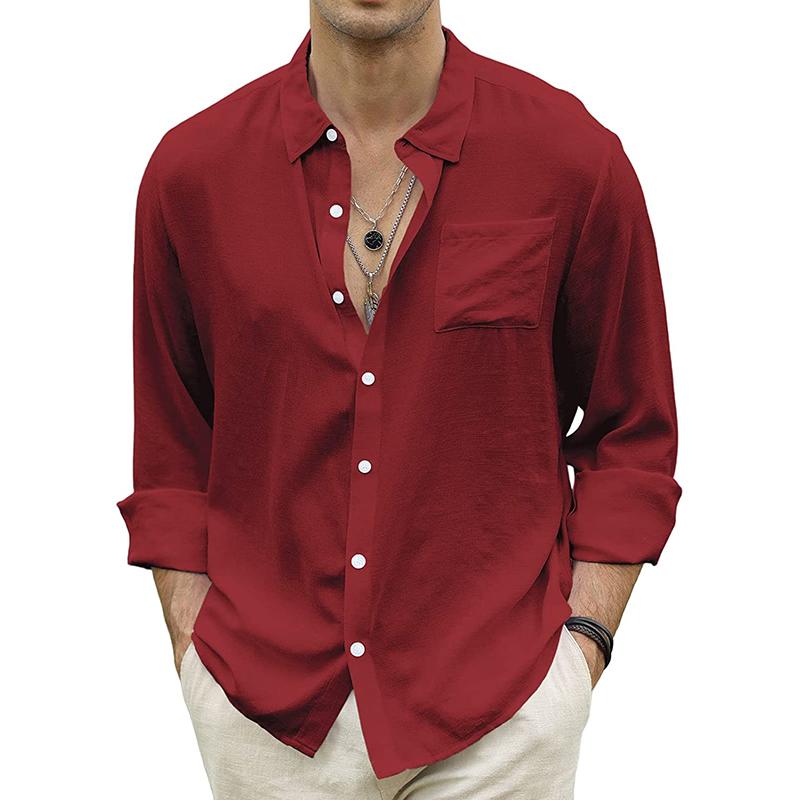 Mens Casual Lapel Linen Long Sleeve Shirt 21204935M