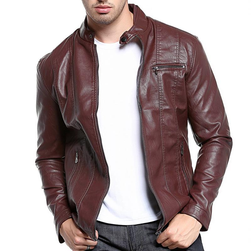 Mens Stand Collar Zip Slim Pu Leather Bike Jacket 15252134Z