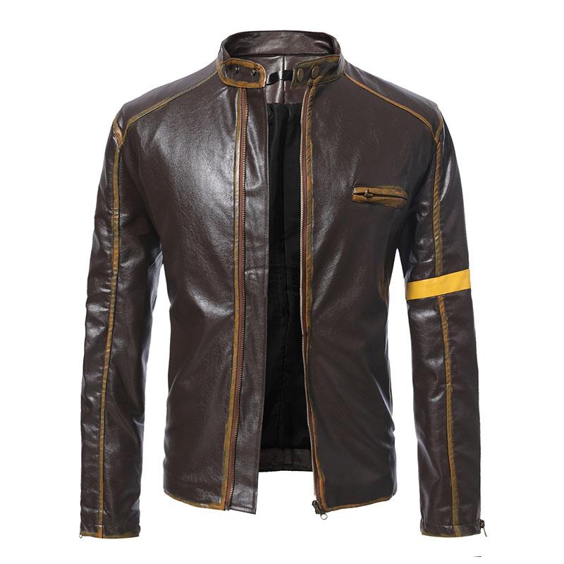 Mens Vintage Distressed Stand Collar Contrast Color Motorcycle Leather Jacket 10108770M