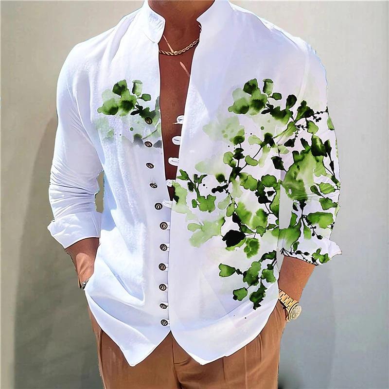 Mens Casual Stand Collar Floral Printed Button Long Sleeve Shirt 30928511M