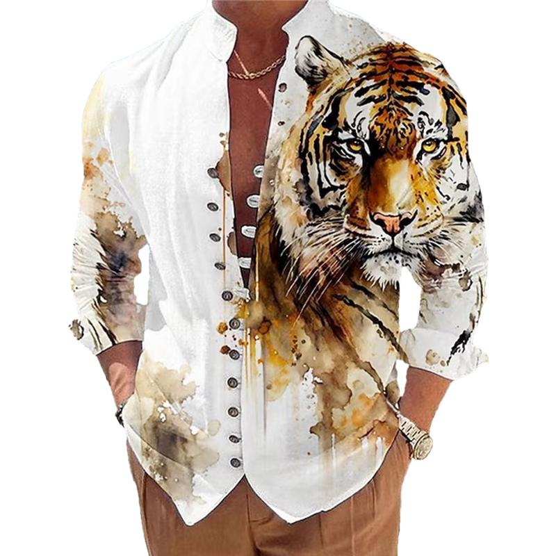 Mens Animal Print Stand Collar Long Sleeve Shirt 83367502X