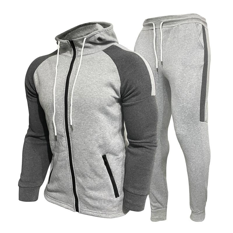 Mens Contrasting Color Zipper Hoodie Casual Sports Two-piece Set 35064246X