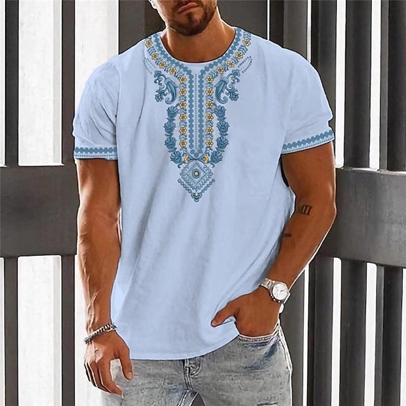 Mens Retro Print Casual Loose Printed Short Sleeve T-Shirt 87357758X