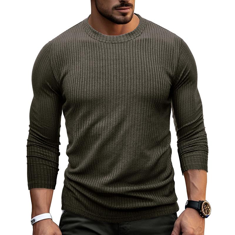 Mens Casual Solid Color Collar Long Sleeve Round T-Shirt 69622690M