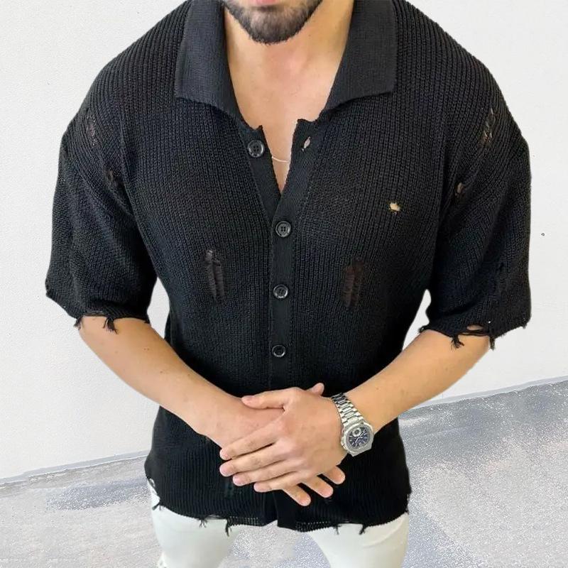 Mens Casual Summer Lapel Short Sleeve Hollow Slim Button Knit Sweater 86794447M