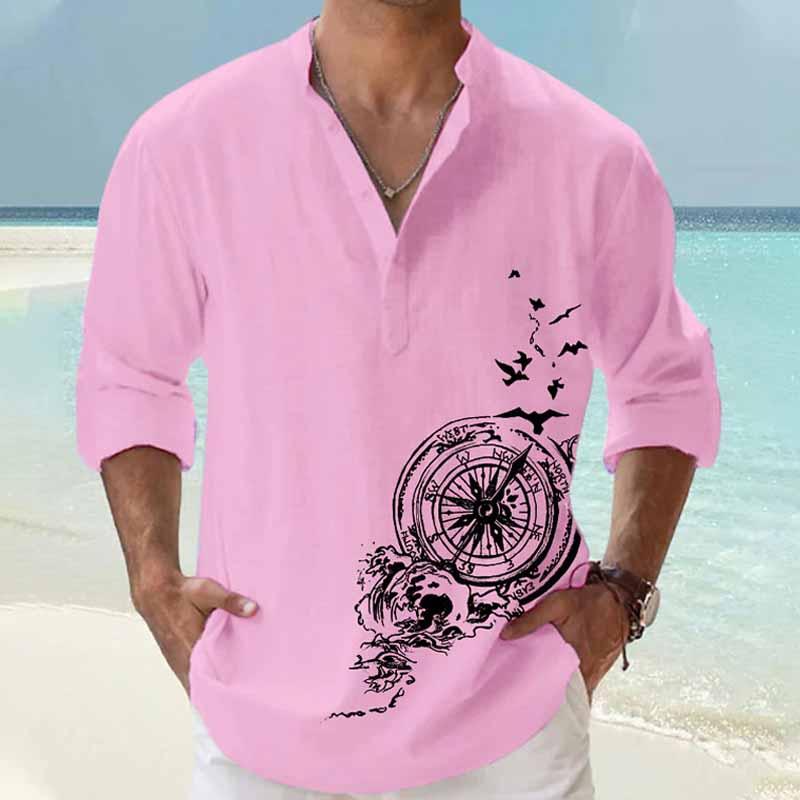 Mens Beach Vacation Print Long Sleeve Stand Collar Shirt 95192014X