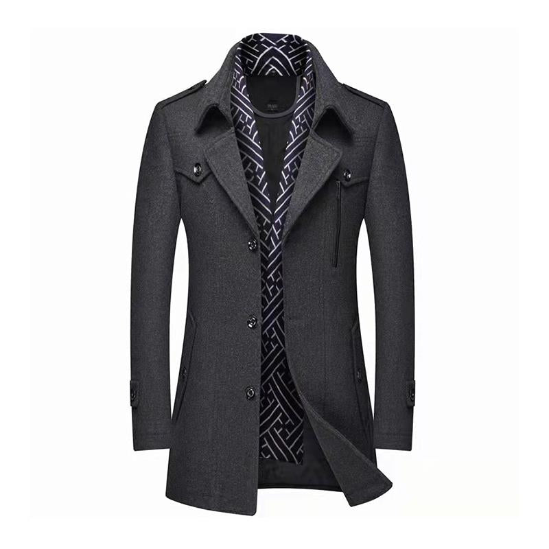 Mens Casual Wool Blend Scarf Collar Warm Mid-Length Lapel Single-Breasted Coat 15758532M