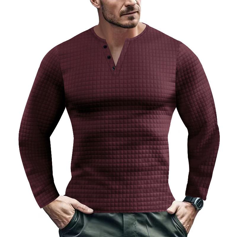 Mens Casual Solid Color Waffle Henley Collar Long Sleeve Sweatshirt 00235350Y