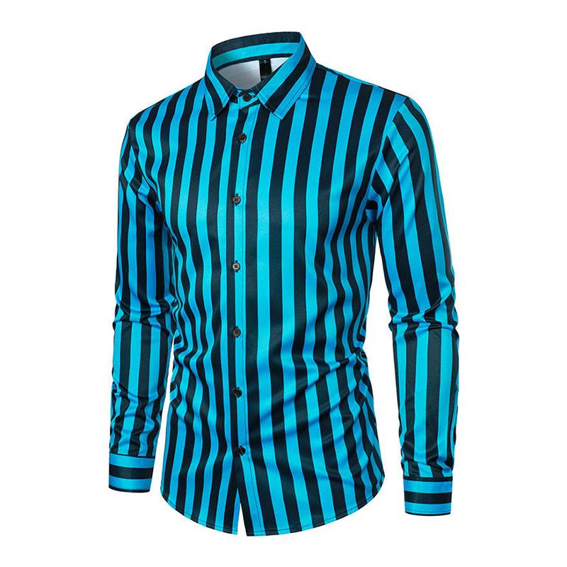 Mens Casual Striped Printed Lapel Long Sleeve Shirt 01210322M