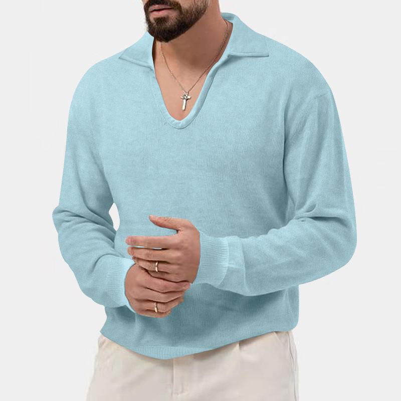 Mens Solid Color Casual Breathable V-neck Long-sleeved Sweater 42366896X