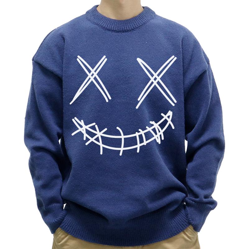 Mens Casual Round Neck Smiley Print Long Sleeve Pullover Sweater 57395732M