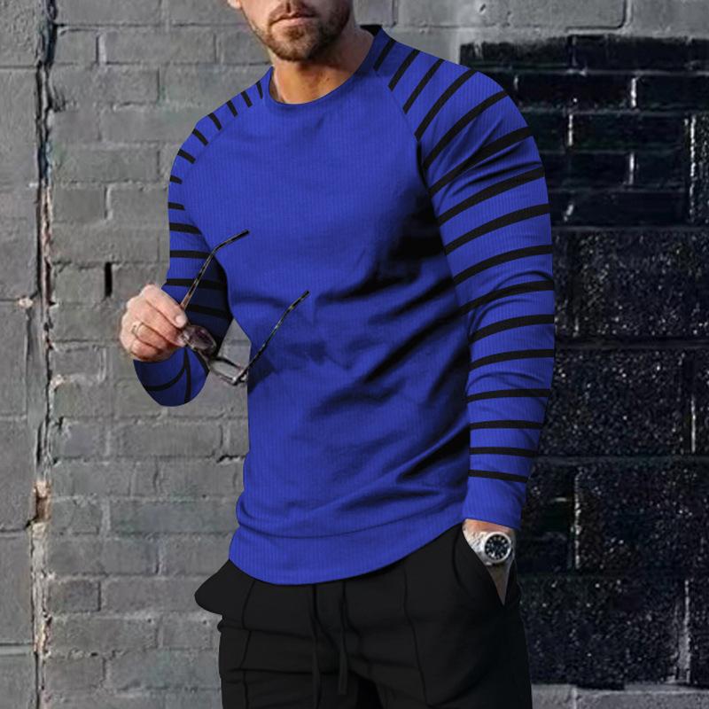 Mens Casual Round Neck Waffle Stripe Patchwork Pullover Sweatshirt 13057079M