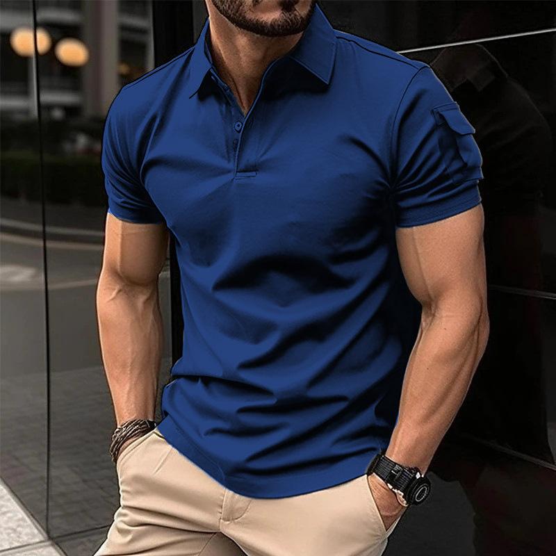 Mens Solid Lapel Sleeve Pocket Short Sleeve Polo Shirt 85665699Z