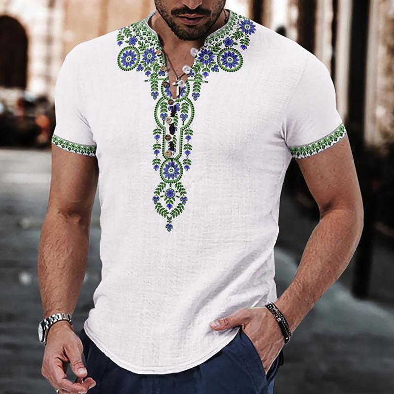 Mens Vintage Ethnic Print Henley Collar Short Sleeve Shirt 58050834Y