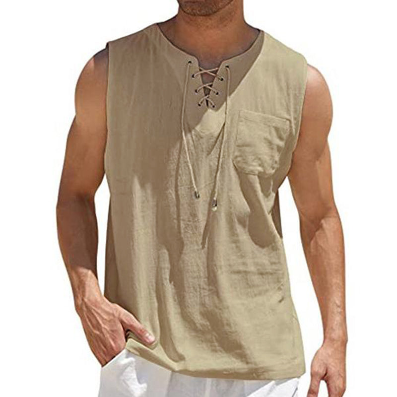 Mens Linen Loose Lace-Up Sleeveless Tank Top 29715298M