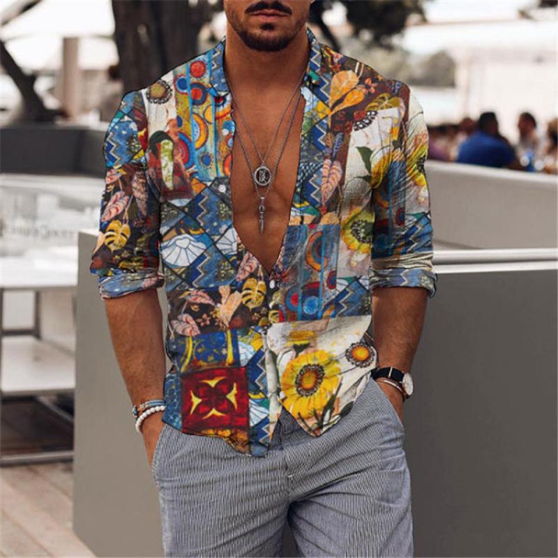 Mens Printed Lapel Long Sleeve Casual Shirt 82889840Z