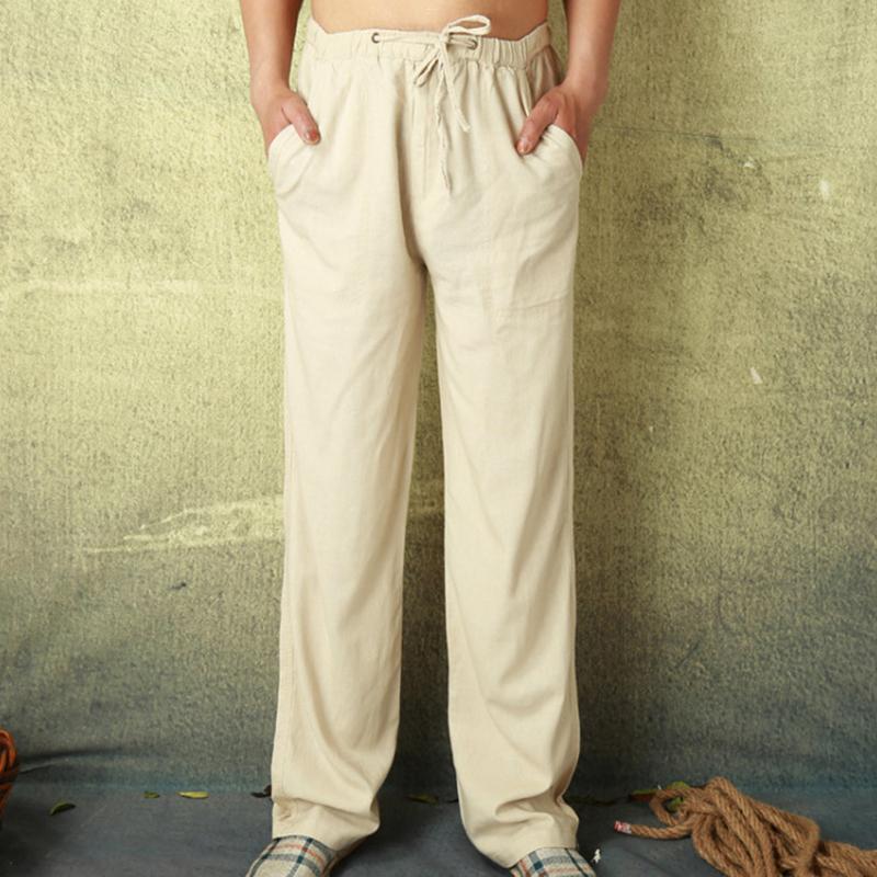 Mens Solid Loose Linen Drawstring Elastic Waist Casual Pants 17384655Z