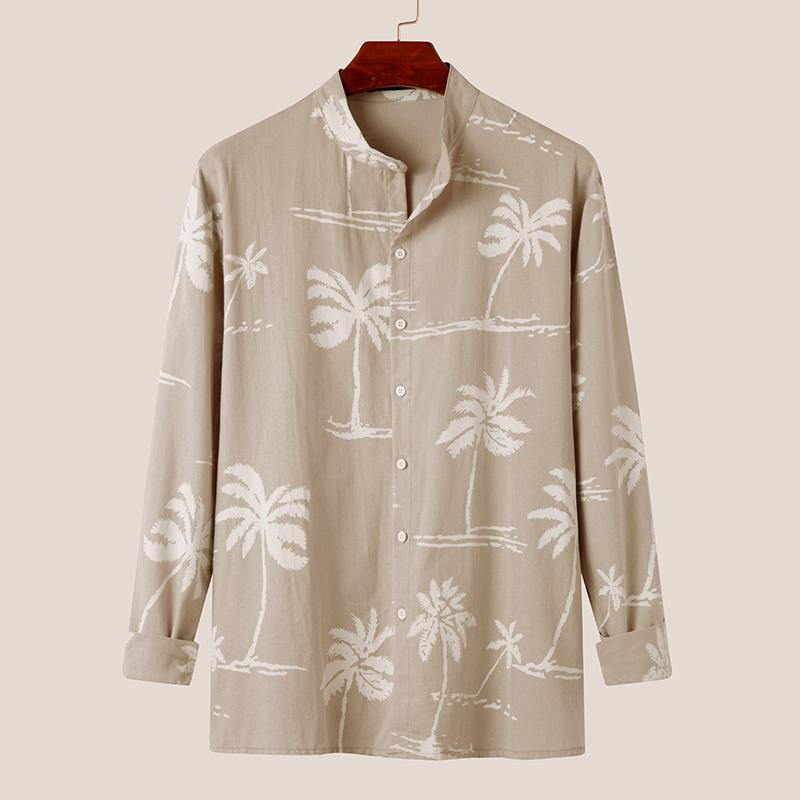 Mens Coconut Tree Print Stand Collar Long Sleeve Shirt 85918540Z