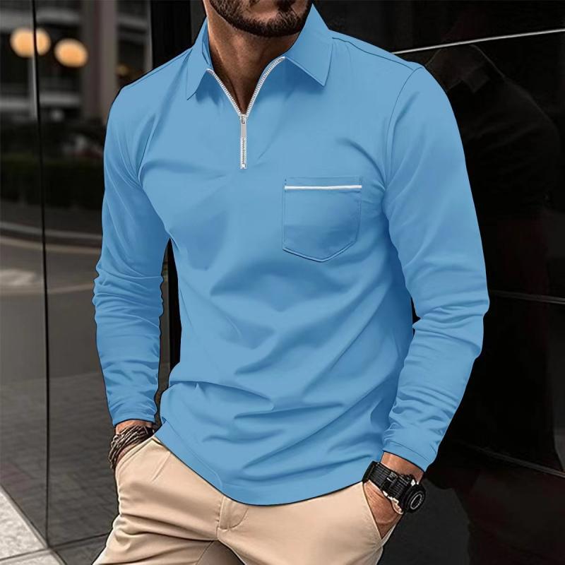 Mens Solid Zipper Lapel Breast Pocket Long Sleeve Polo Shirt 49740491Z