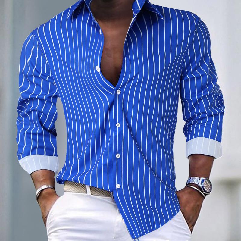 Mens Casual Striped Lapel Single Breasted Long Sleeve Shirt 24551324M