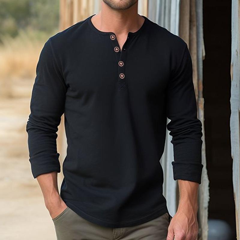 Mens Solid Henley Collar Long Sleeve Casual T-shirt 52904398Z