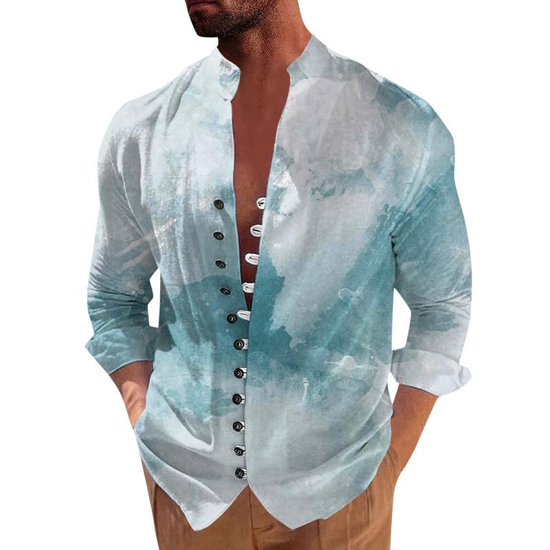 Mens Printed Stand Collar Single Breasted Casual Shirt 24291060Z