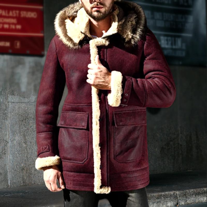 Mens Thickened Warm Faux Fur Hooded Pockets Mid-length Coat 78090106Z